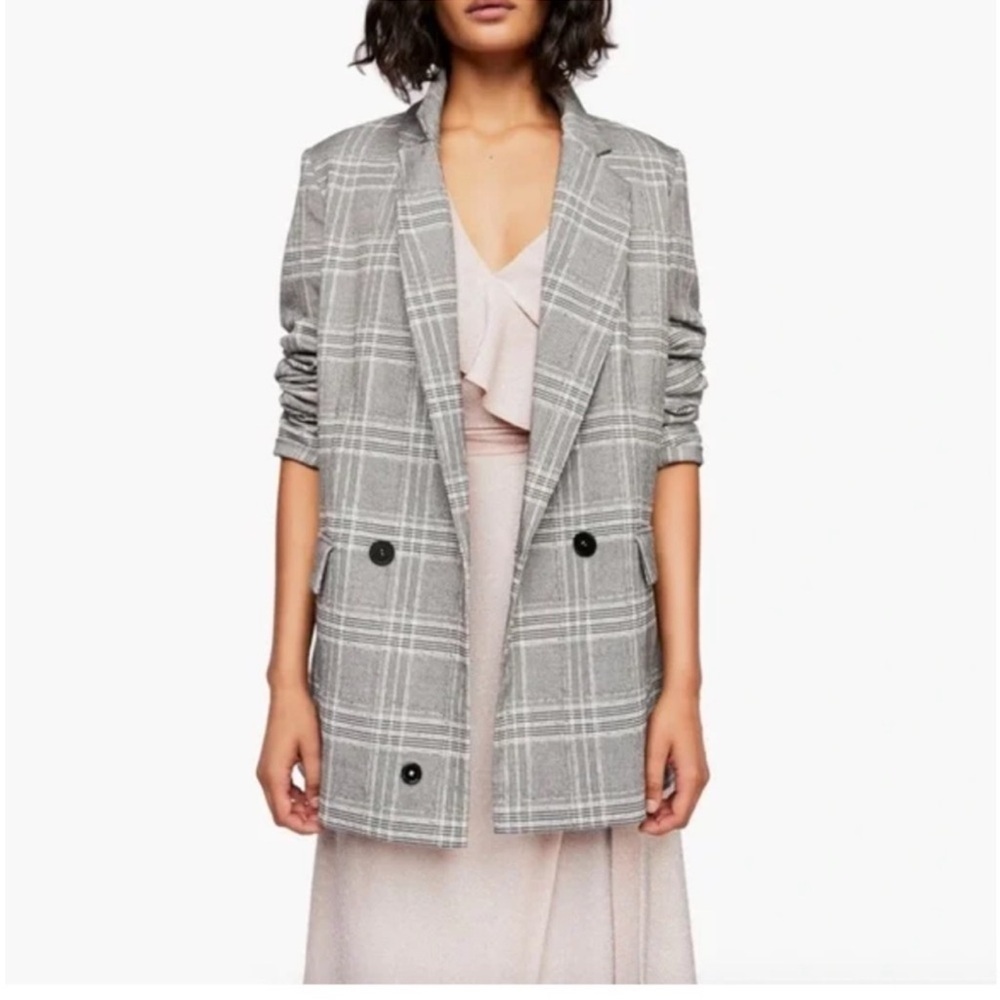 Free People Uptown Girl Gray Plaid Oversized Blazer
